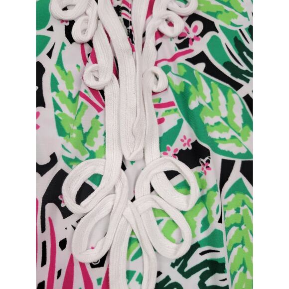 Pappagallo Stretch Flowy Top Large Long Sleeve Tropical Green Black Pink L - Picture 3 of 6